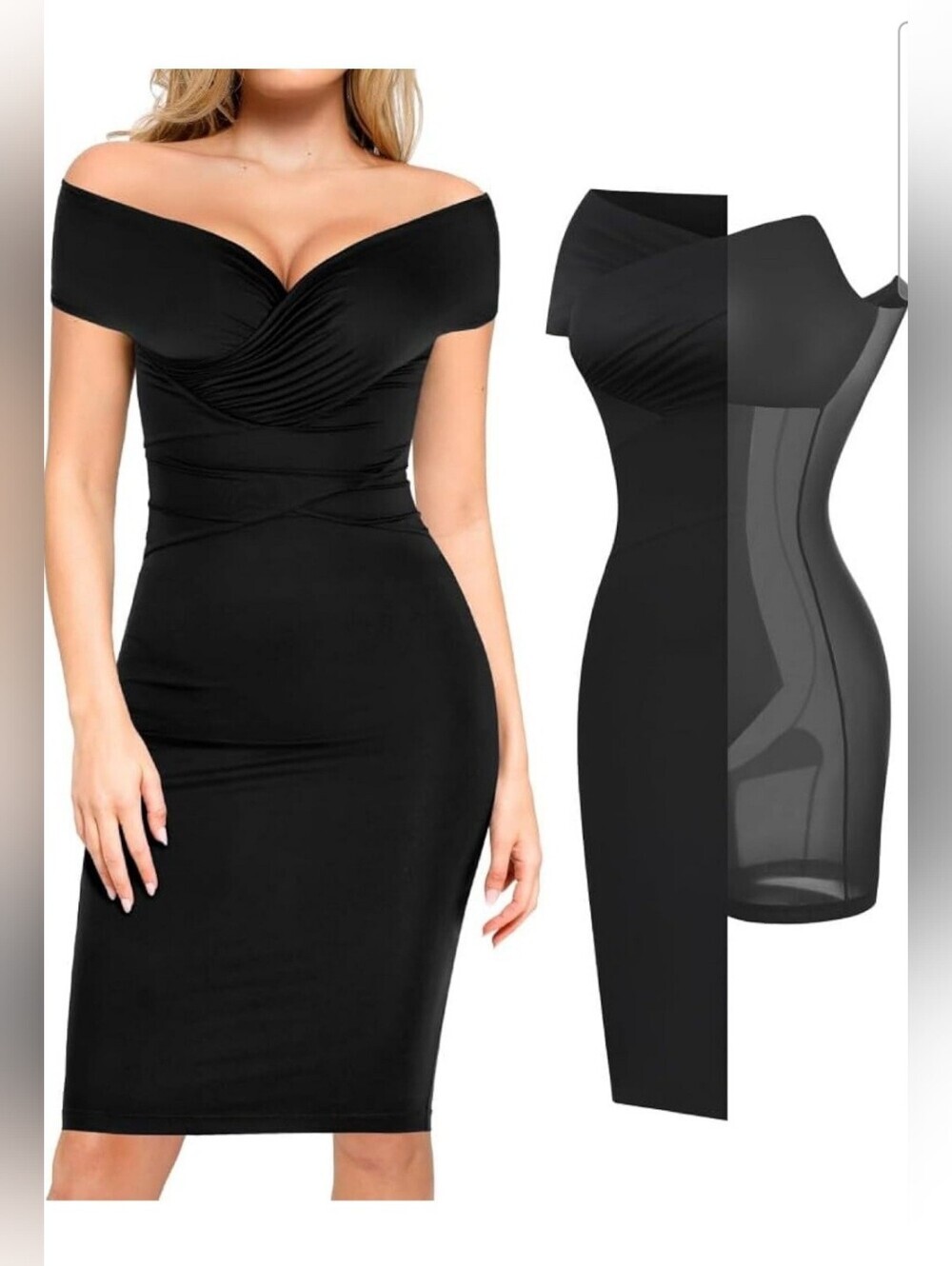 Popilush Women's Black Off The Shoulder V Neck Shapewear Cocktail Dress Size L